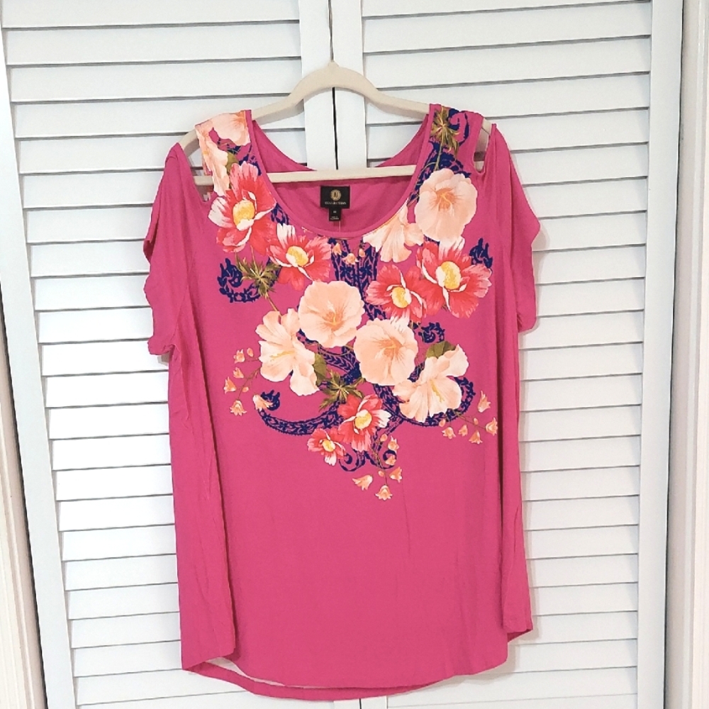 JM Collection Top, Size 3X, Pink Floral, Cold Shoulder Style, Stretch Fabric NEW